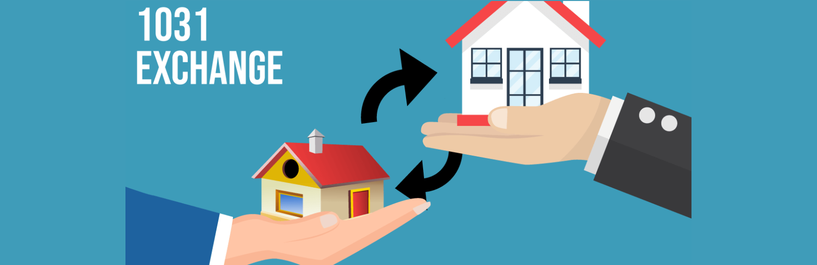 Illustration of a 1031 exchange showing two houses being swapped between investors’ hands.