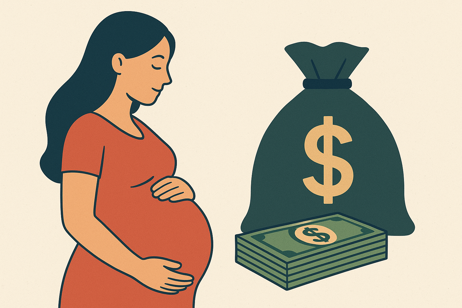 Pregnant woman with money bag and cash, symbolizing maternity leave planning and financial preparation.