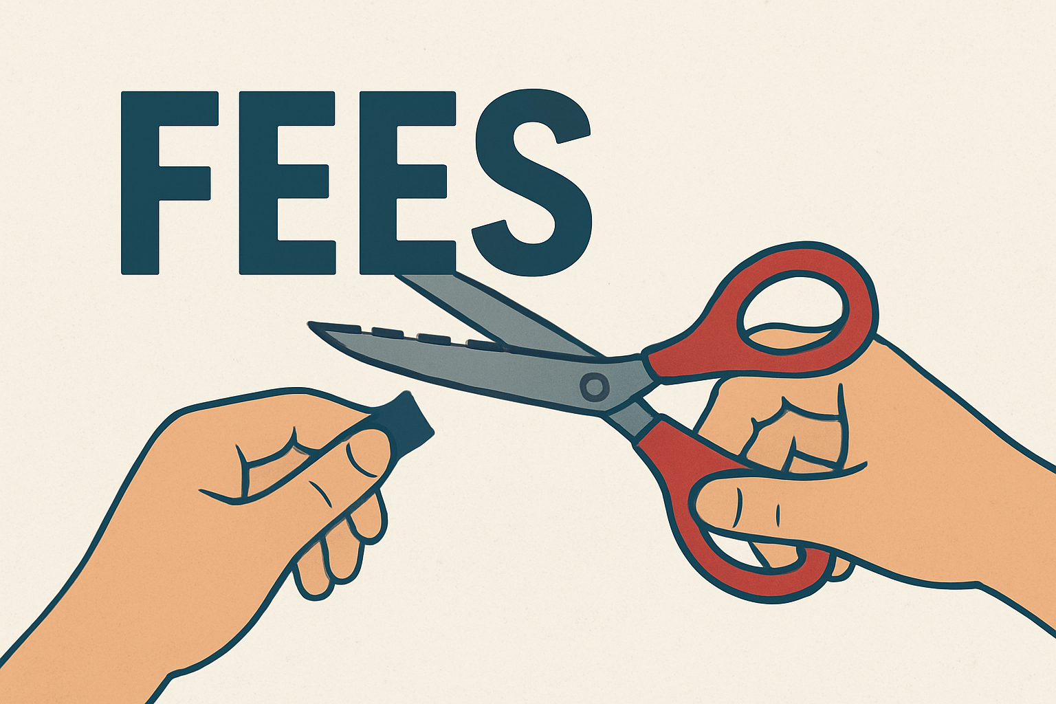 Illustration of scissors cutting the word fees, symbolizing reducing 401(k) costs and saving more for retirement.