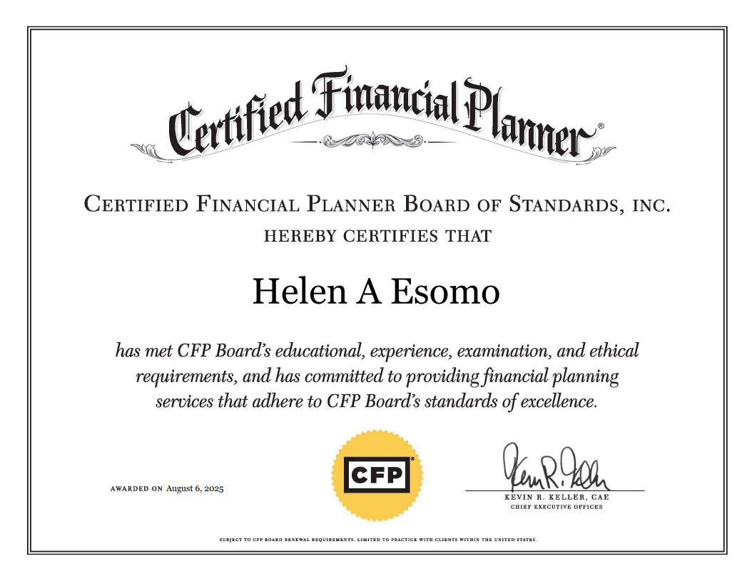 Helen Esomo is now a Certified Financial Planner in Southlake, TX