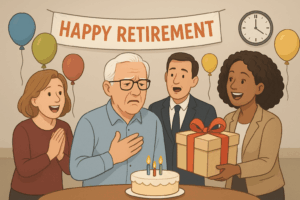 Surprised retiree at a happy retirement party, symbolizing hidden retirement costs and lifestyle changes.