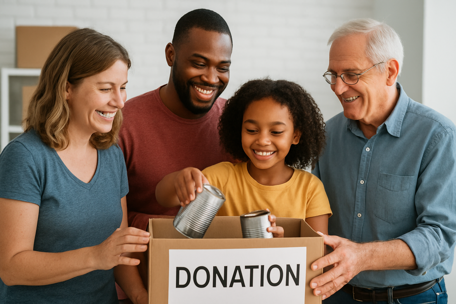 Family placing canned goods into a donation box, symbolizing charitable giving and generosity.