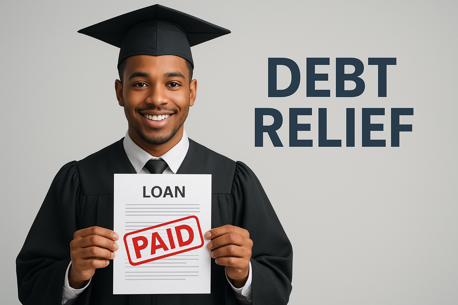 A smiling graduate in a cap and gown holding a paper marked “Loan Paid” beside the words “Debt Relief,” symbolizing student loan forgiveness and financial freedom.
