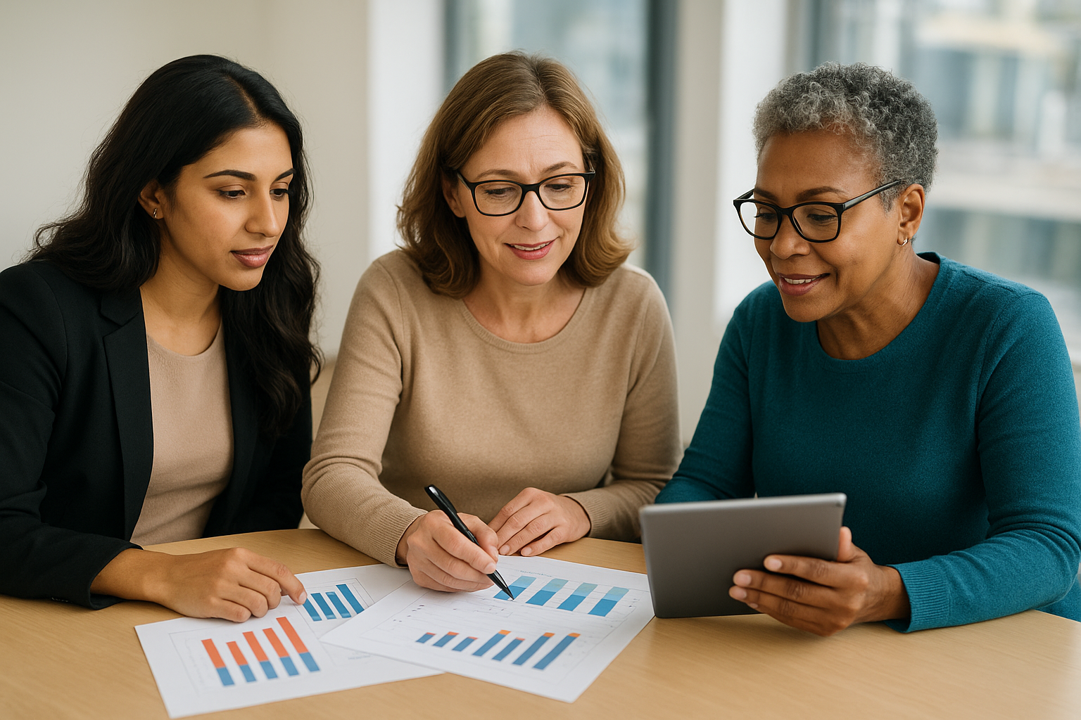 Three women reviewing financial charts and data together, representing financial planning and empowerment for women.