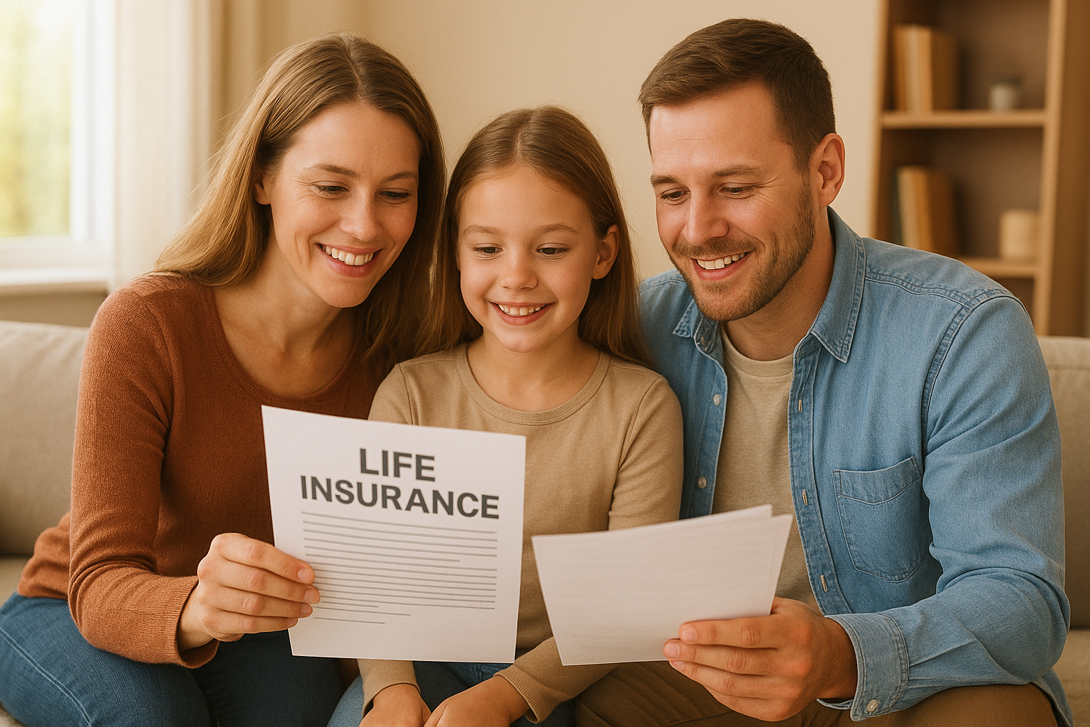 Young family reviewing life insurance documents at home, symbolizing affordable term coverage and financial protection.