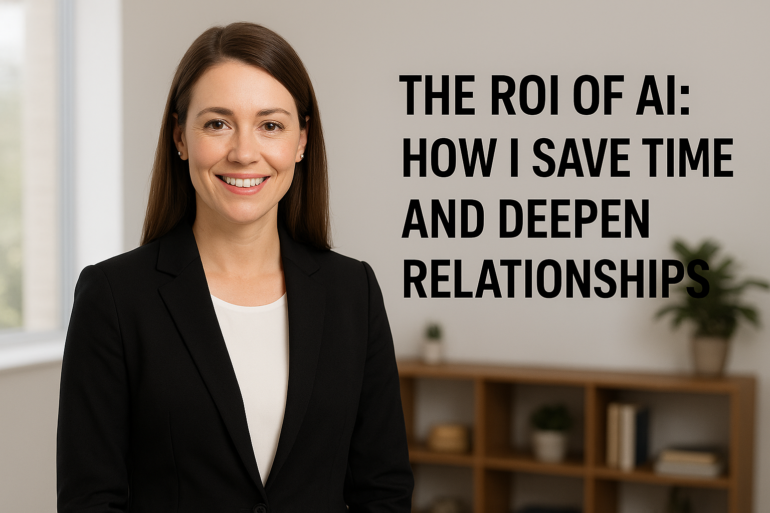 Professional woman smiling in office next to text ‘The ROI of AI: How I Save Time and Deepen Relationships,’ representing technology use in financial advising.