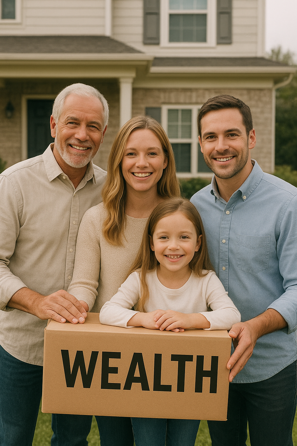 Three generations of a family standing together outside their home holding a box labeled “Wealth,” symbolizing the passing of generational wealth and values.