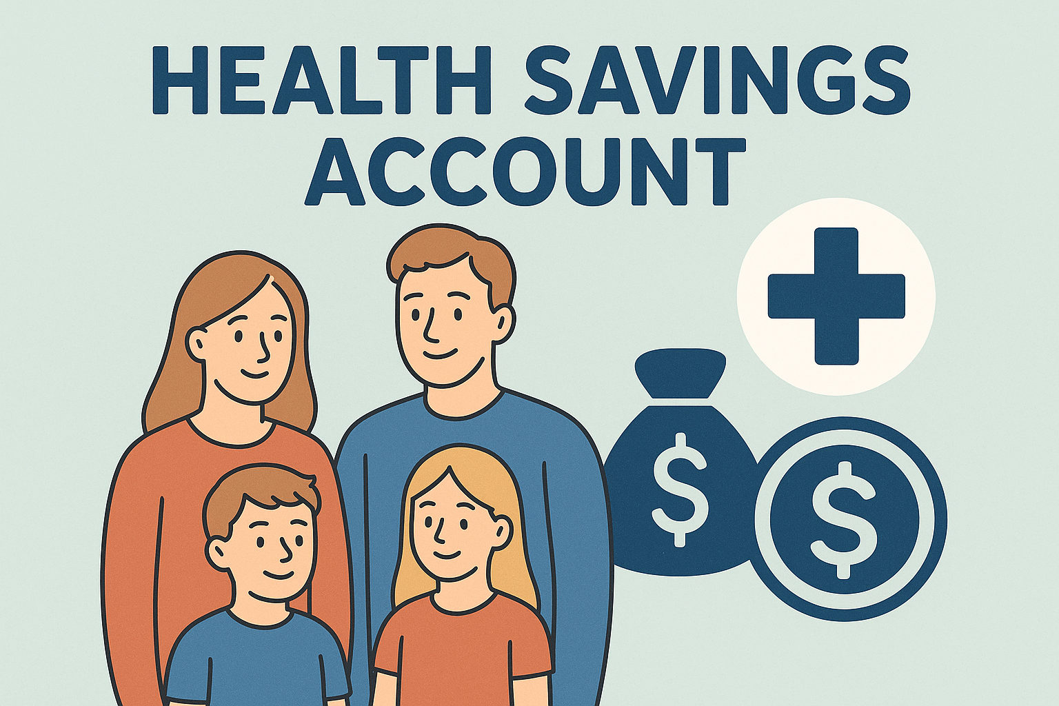 Illustration of a family with health and dollar icons representing how a Health Savings Account (HSA) can be used for medical expenses and long-term savings.