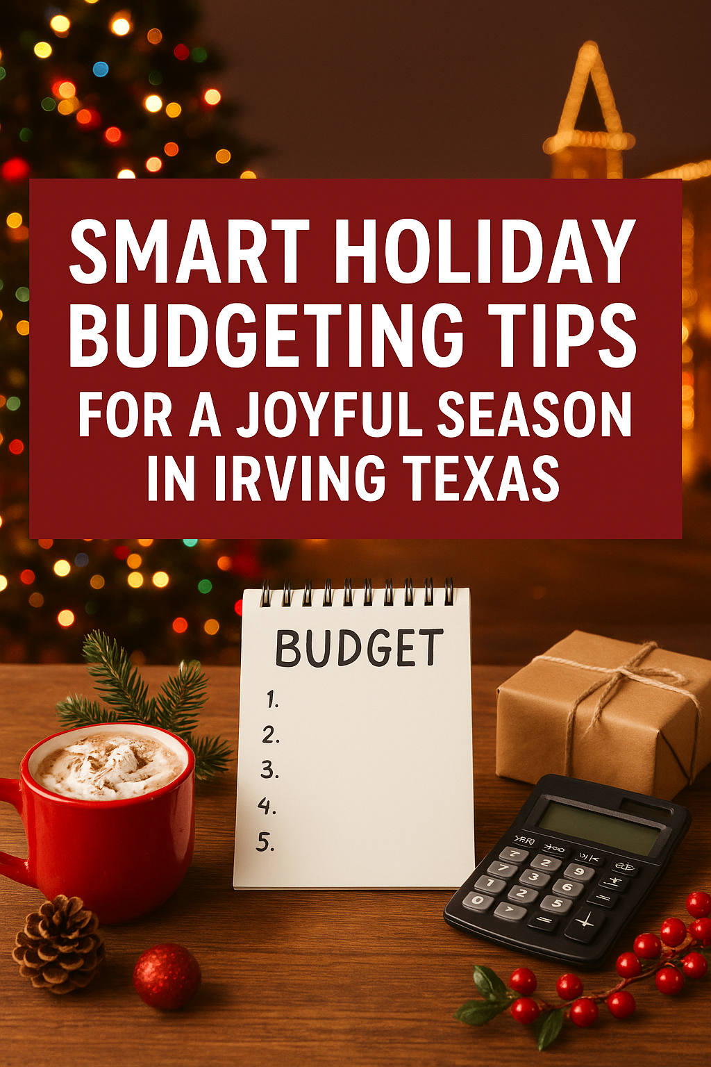 Holiday budgeting scene with a notepad labeled “Budget,” calculator, wrapped gifts, and festive decorations, representing smart holiday spending tips for Irving, Texas families.