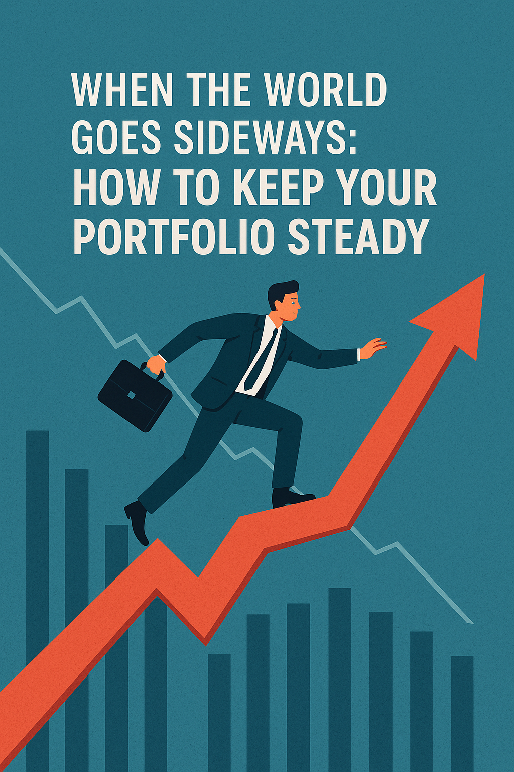 Illustration of an investor balancing on a rising arrow during market swings, symbolizing strategies to keep a portfolio steady when markets become volatile.
