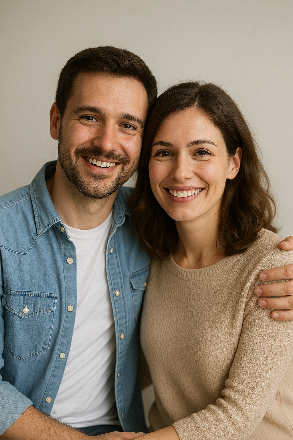 Smiling married couple sitting together, representing spouses coordinating financial benefits.