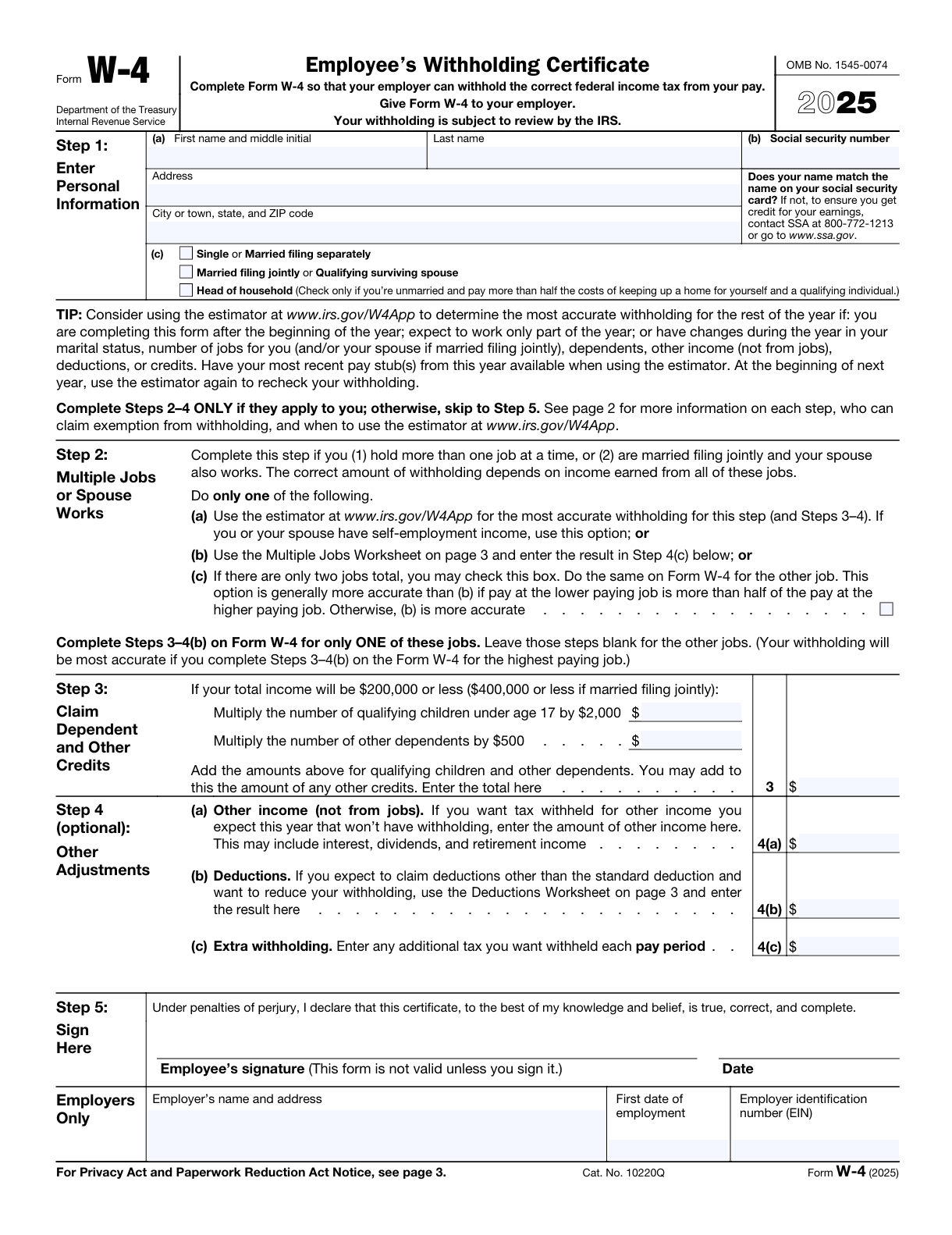 IRS Form W-4 showing how employees adjust tax withholding, used to illustrate the impact of withholding errors on IRS underpayment penalties.