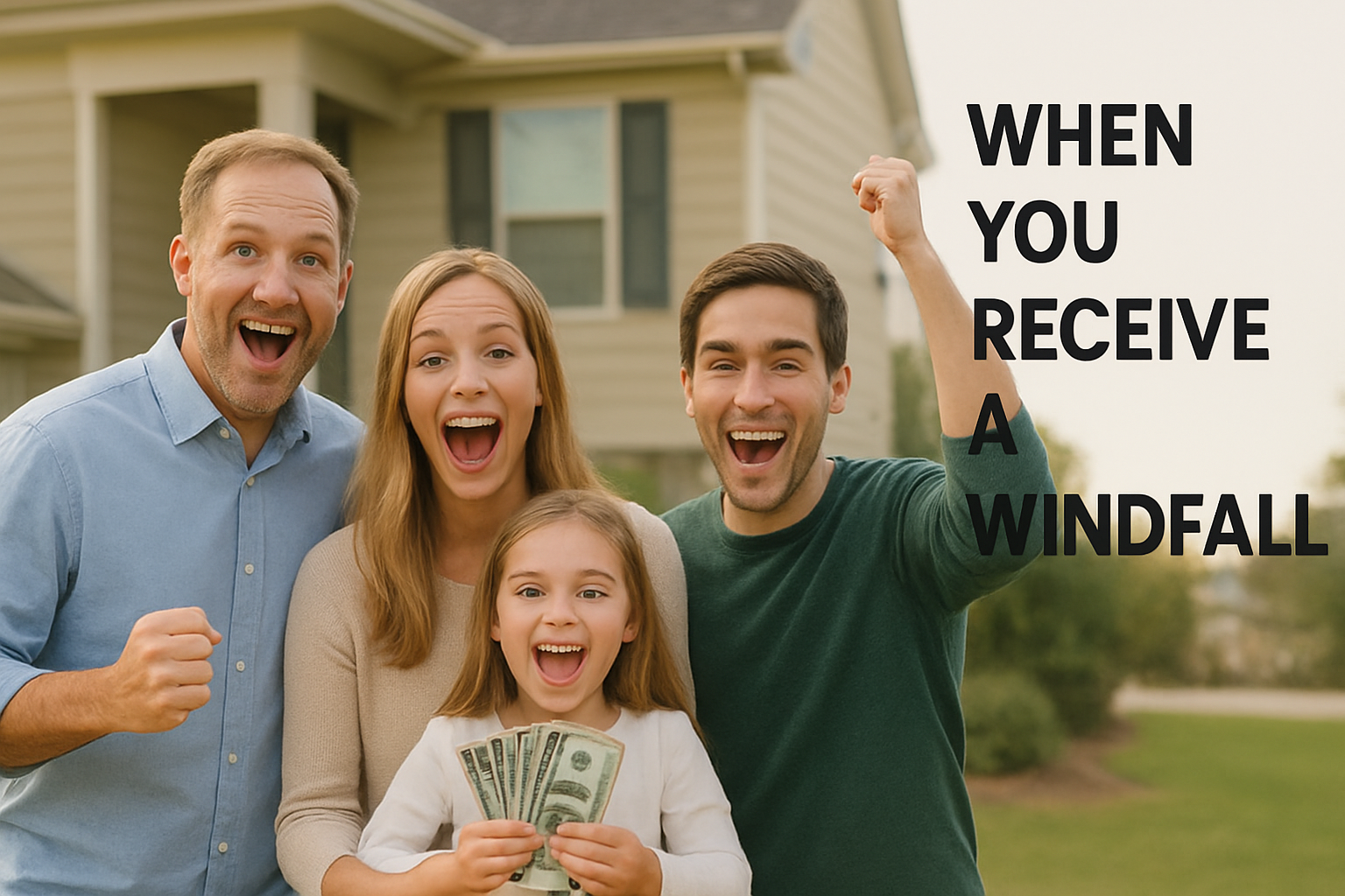 Happy family holding cash outside their home, symbolizing receiving a financial windfall and learning how to manage it wisely.