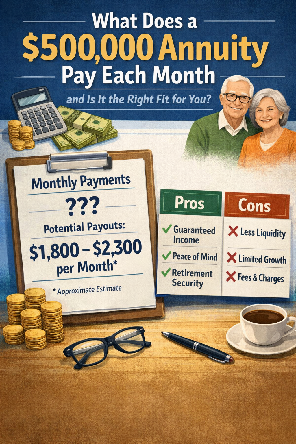 Retiree reviewing a $500,000 annuity payout chart to calculate monthly retirement income.