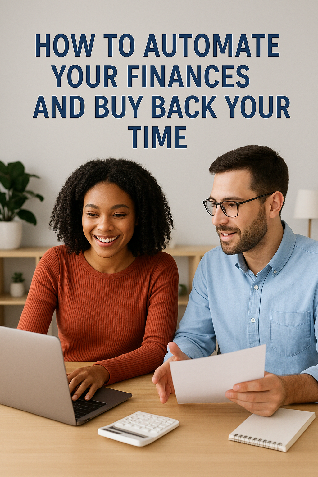 Happy couple using a laptop and calculator to automate their finances and set up bill pay, with text overlay: "How to Automate Your Finances and Buy Back Your Time."