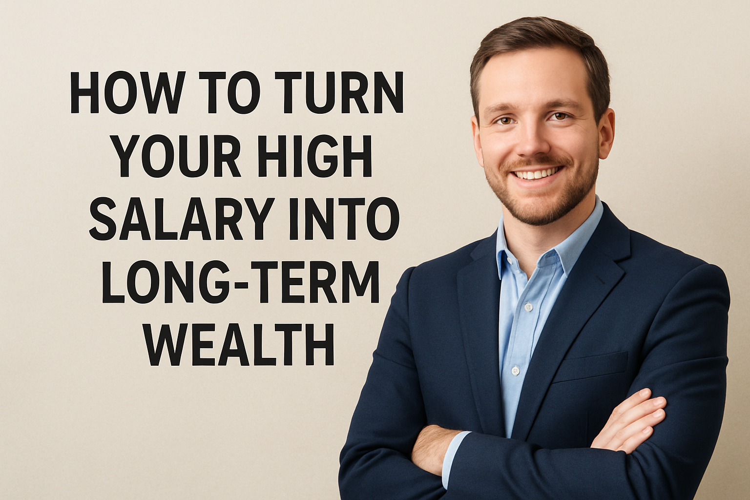 Confident professional man in a business suit with arms crossed, next to text overlay reading: "HOW TO TURN YOUR HIGH SALARY INTO LONG-TERM WEALTH".