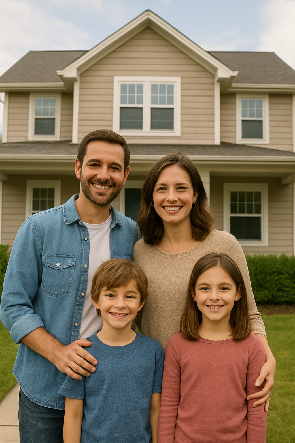 Smiling family standing in front of their house, representing confident homebuyers avoiding purchase regrets.
