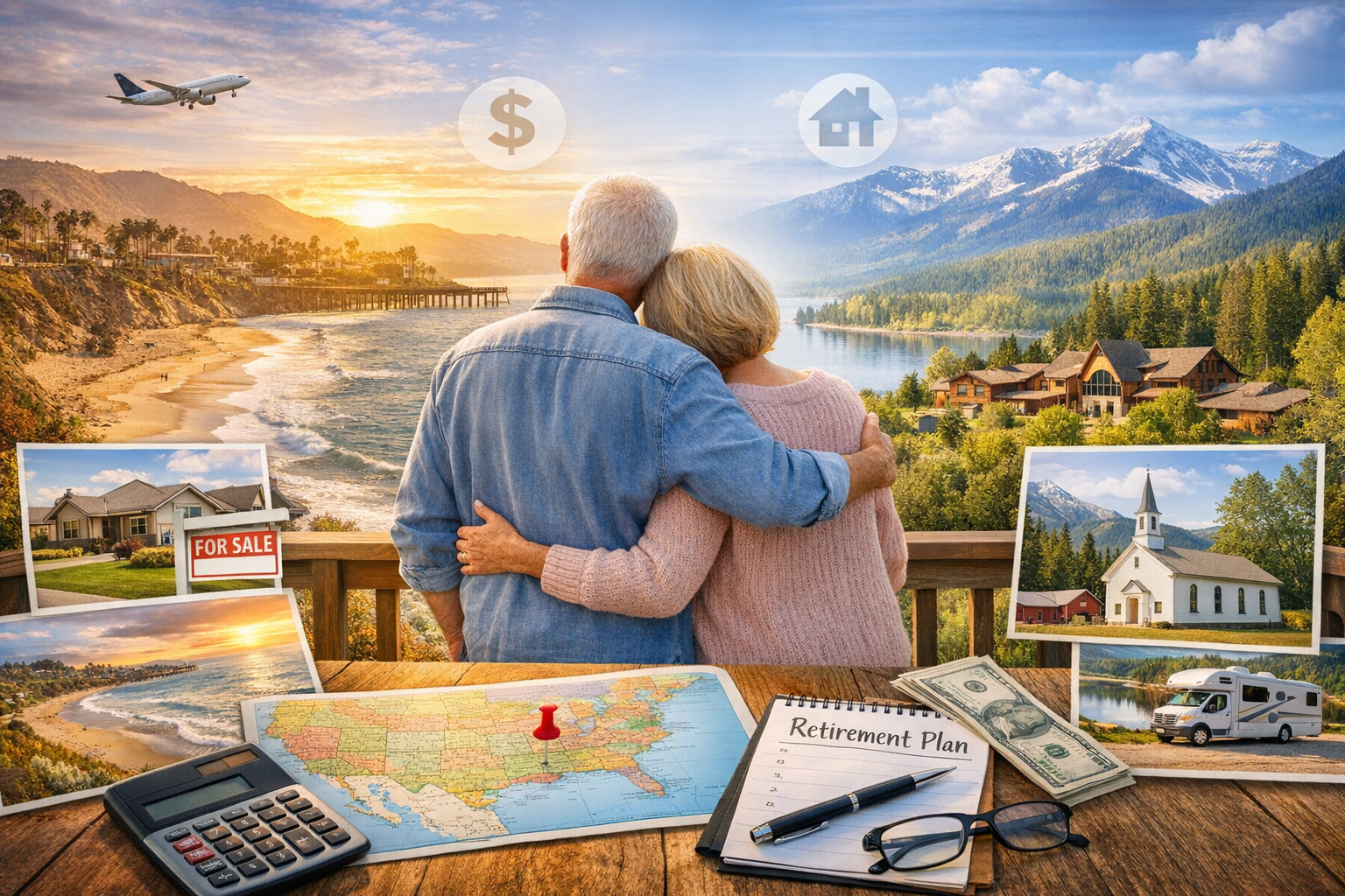 Retired couple looking at a map of the United States to plan their budget-friendly retirement relocation.