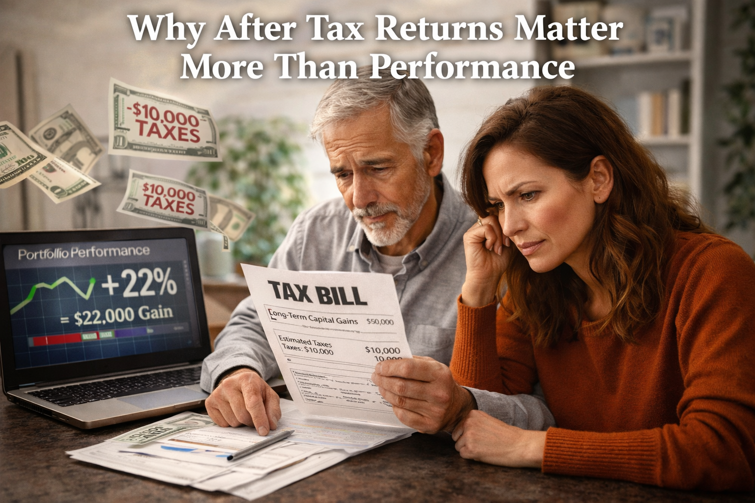 Comparison of gross investment performance versus net after-tax returns for a high-net-worth portfolio.
