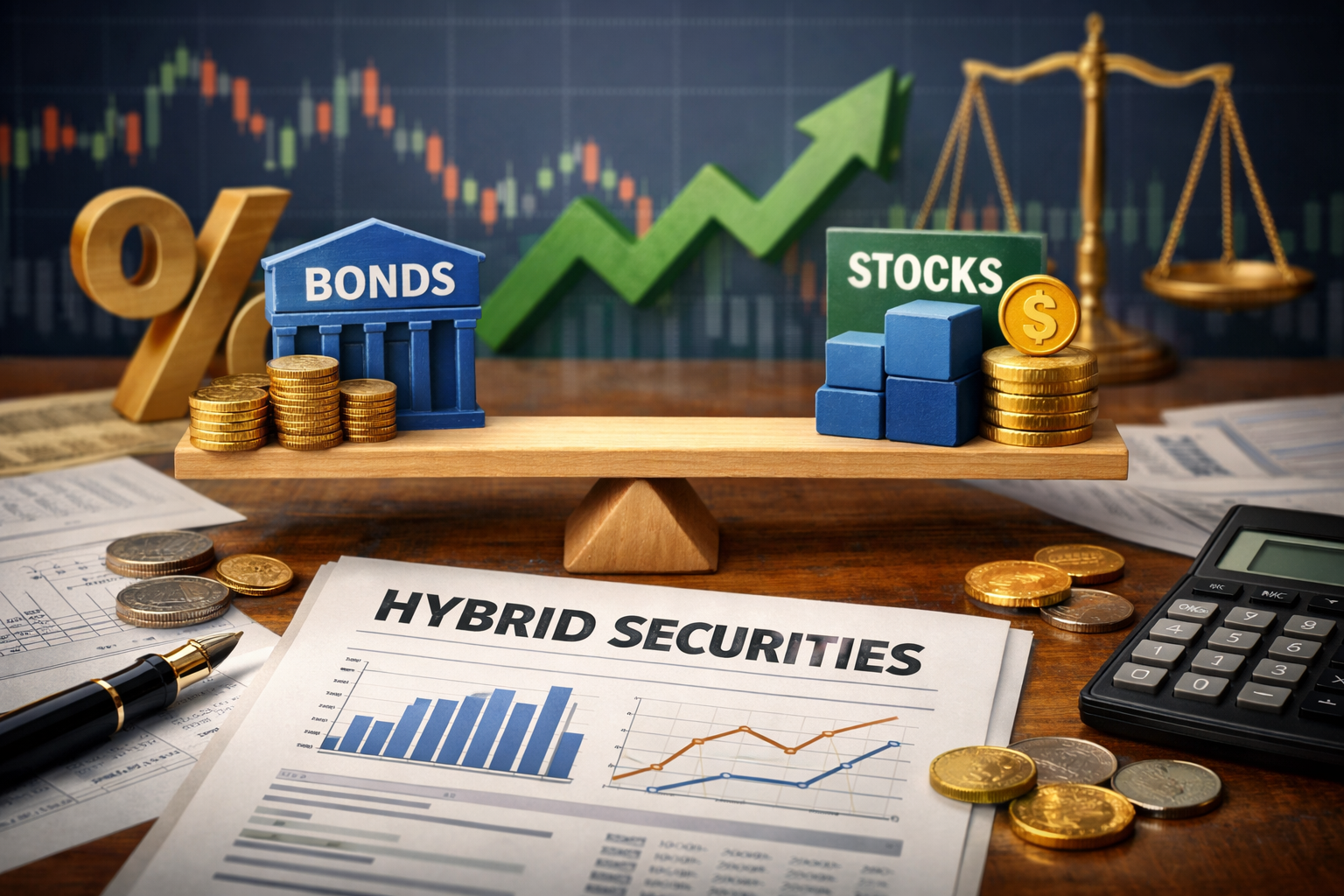 Chart showing risk and return profile of hybrid securities vs stocks and bonds