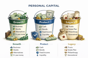 An illustration of the 3-bucket wealth allocation strategy for business owners showing Growth, Protect, and Legacy categories.
