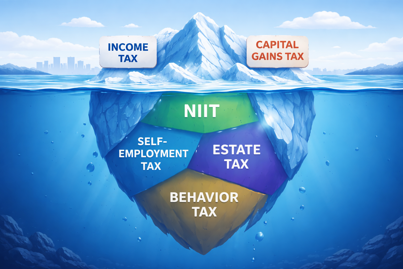 A tax planning professional detailing the six hidden taxes business owners pay, including capital gains, NIIT, and self-employment taxes.