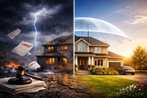 A protective umbrella shielding a luxury home and savings, representing the liability protection of umbrella insurance for high-net-worth families.