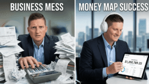 A split-screen comparison showing a stressed business owner overwhelmed by a messy pile of invoices labeled "Business Mess" next to the same man looking relaxed and reviewing a digital financial dashboard labeled "Money Map Success."