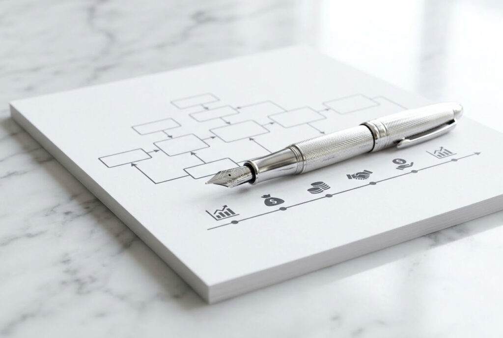 A professional photorealistic image of a business valuation and exit planning session for a Coppell, TX entrepreneur, featuring high-end analytical documents.
