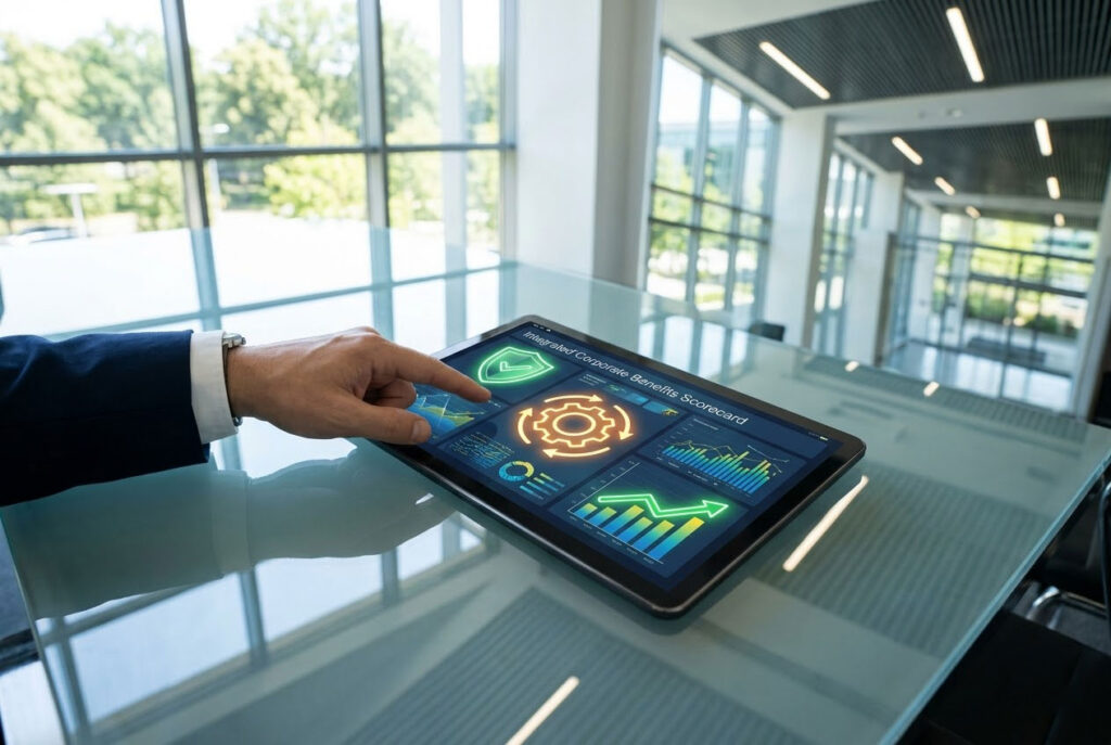 A sleek, photorealistic image of a corporate 401(k) benefit design session in the Coppell / DFW Airport corridor, featuring an integrated benefits dashboard.