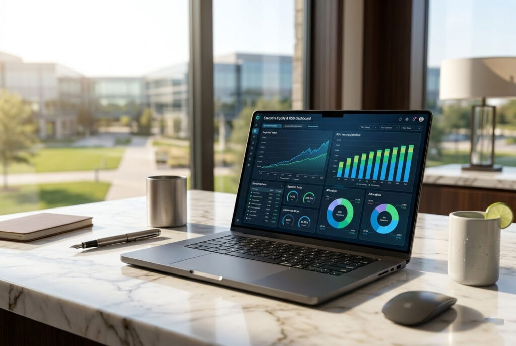 A modern, high-end photograph of an executive wealth management dashboard on a laptop in a Coppell, TX home office, featuring stock option and RSU tracking.