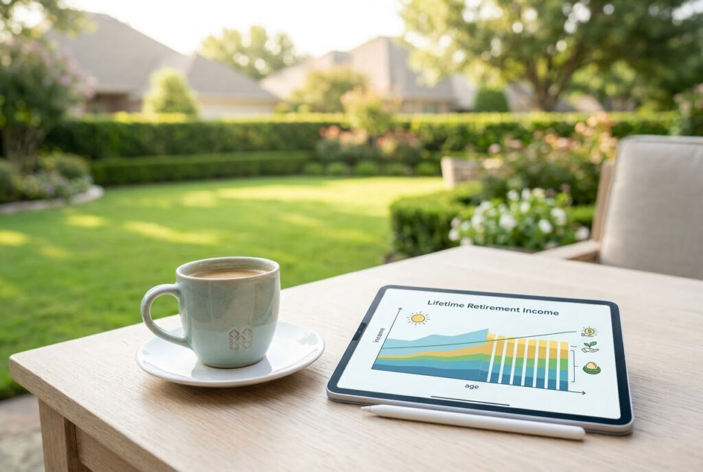 A bright, morning lifestyle photograph of a retirement income strategy session in Coppell, TX, featuring a digital planning dashboard and natural sunlight.