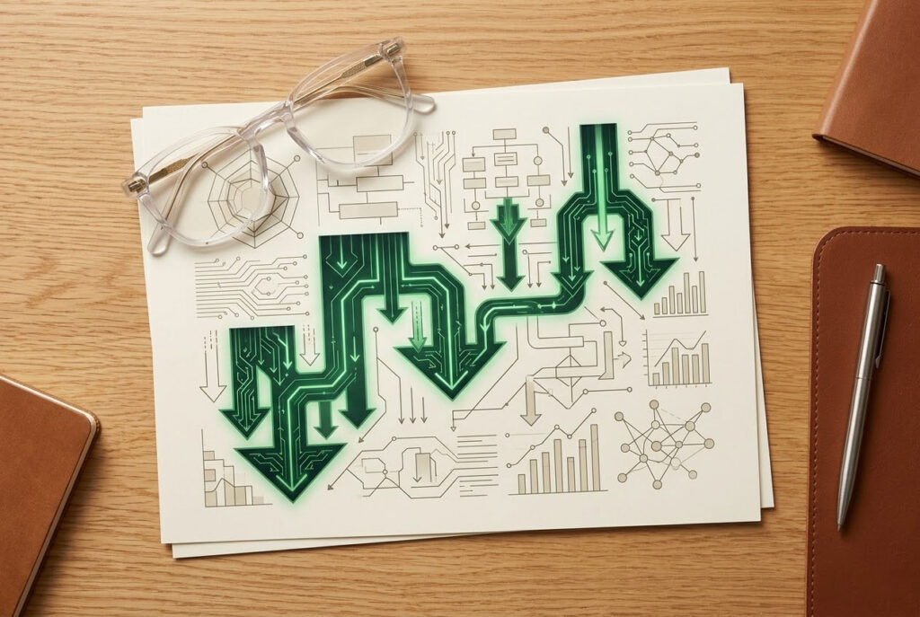 A bird's-eye view of a personalized tax mitigation roadmap and complex documents in a Keller, TX family office, symbolizing proactive tax reduction.