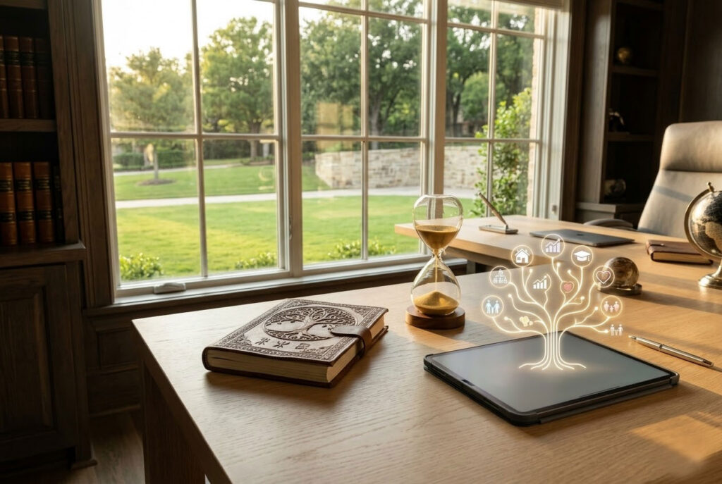 Warm, lifestyle-focused photograph for Keller, TX retirement planning, showing a legacy journal and hourglass on a sunlit oak desk.