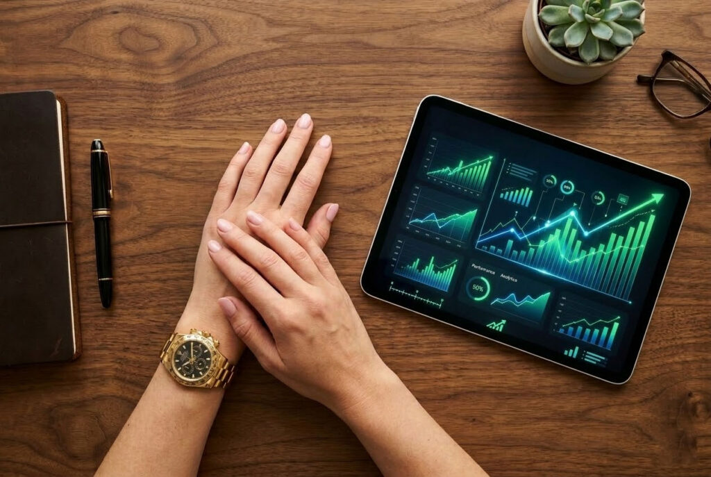 Top-down photograph of a Keller, TX wealth management strategy session, featuring a luxury watch and a digital growth roadmap on a warm walnut desk.