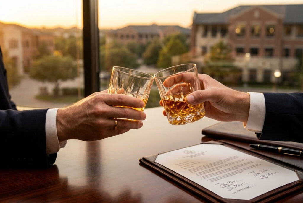 A conceptual photorealistic image representing a successful business exit for a Trophy Club entrepreneur, featuring a celebratory toast over high-end corporate documents.