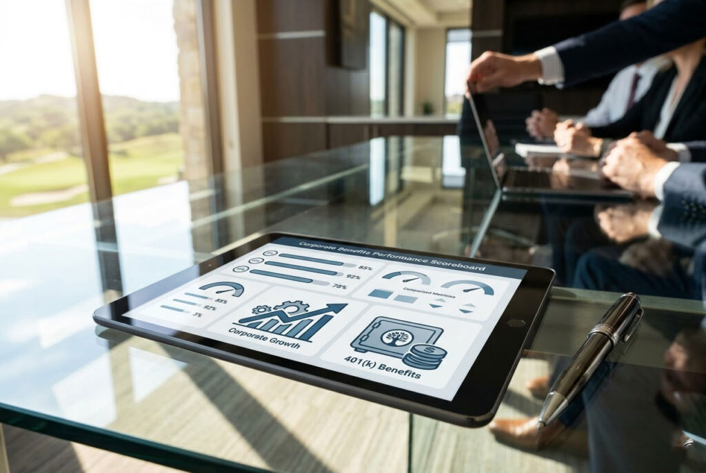 A clean, modern photorealistic image for Trophy Club businesses showing a digital 401(k) management dashboard on a glass conference table.