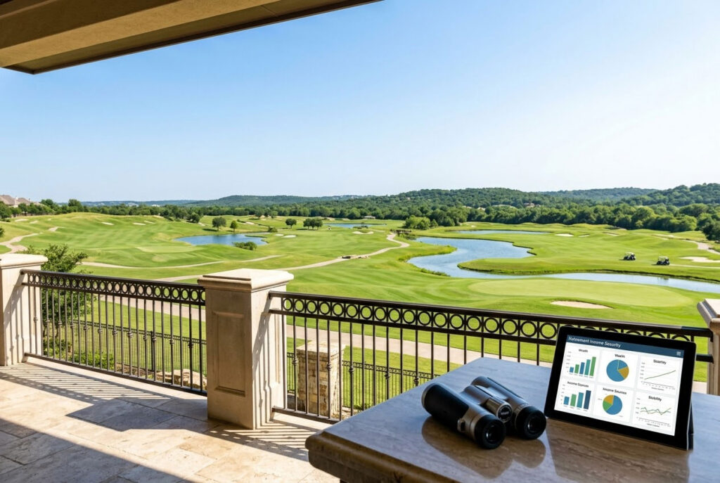 A beautiful, high-end lifestyle image for Trophy Club retirement planning, showing a manicured golf course view from a private balcony, representing financial freedom.