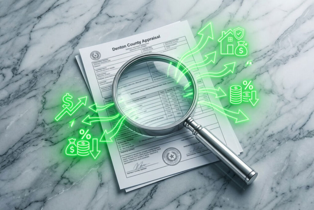 A top-down bird's-eye view of a customized tax mitigation game plan for a Trophy Club, TX resident, featuring analytical tools on a polished stone surface.