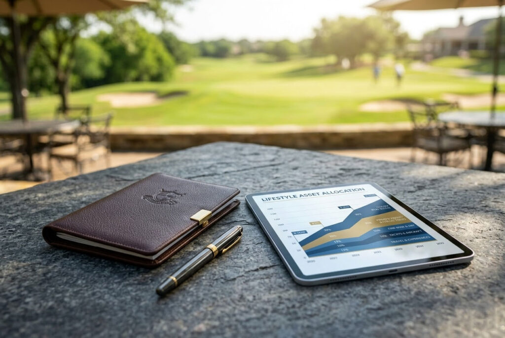 A lifestyle-focused image for Trophy Club, TX wealth management, featuring a leather scorecard and a digital portfolio dashboard on a high-end patio table.