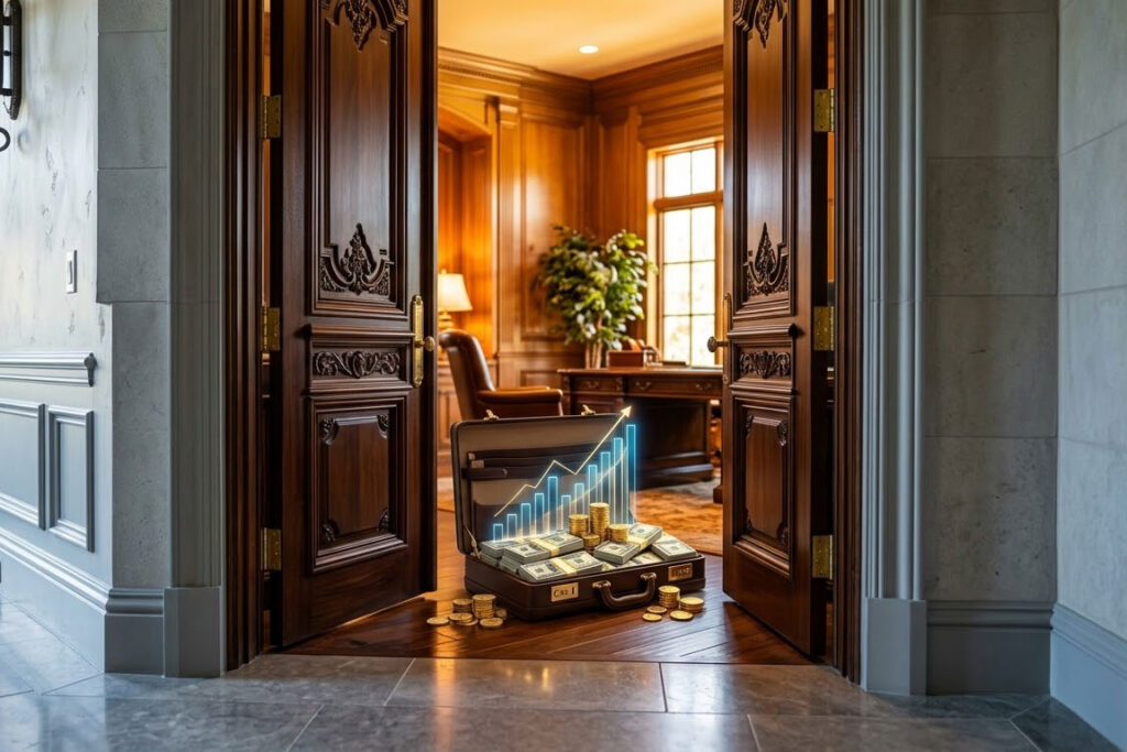An illustration of an open, elegant doorway with an upward-pointing arrow, symbolizing a successful business transition. It features a briefcase overflowing with wealth and rising financial charts, representing successful exit planning and liquidity for a Westlake, TX business owner.