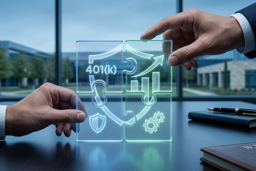 Conceptual photorealistic image illustrating corporate benefit design and management for Westlake, TX businesses, featuring hands collaborating to build an integrated benefits plan from geometric glowing puzzle pieces on a polished conference table.