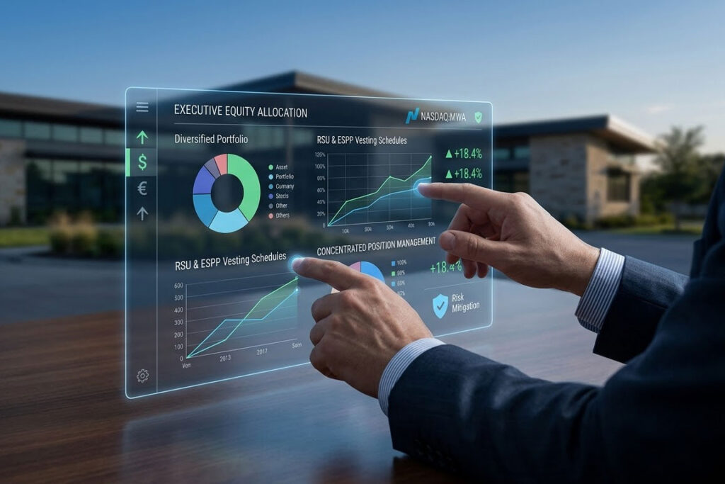 A high-end graphic or professional photograph illustrating sophisticated executive compensation, stock option, and equity diversification strategies for Westlake, TX corporate leaders.