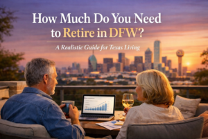 Retired couple reviewing their Dallas-Fort Worth cost of living and retirement savings budget.