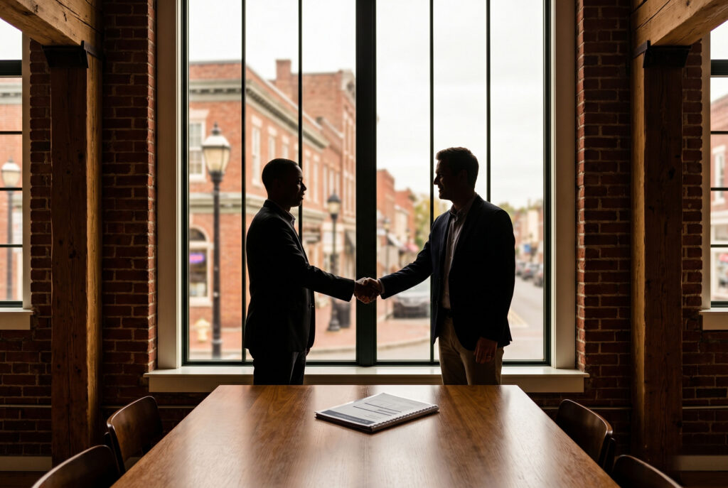 A photorealistic image of a successful business exit planning session for a Grapevine, TX entrepreneur, featuring historic brick architecture.