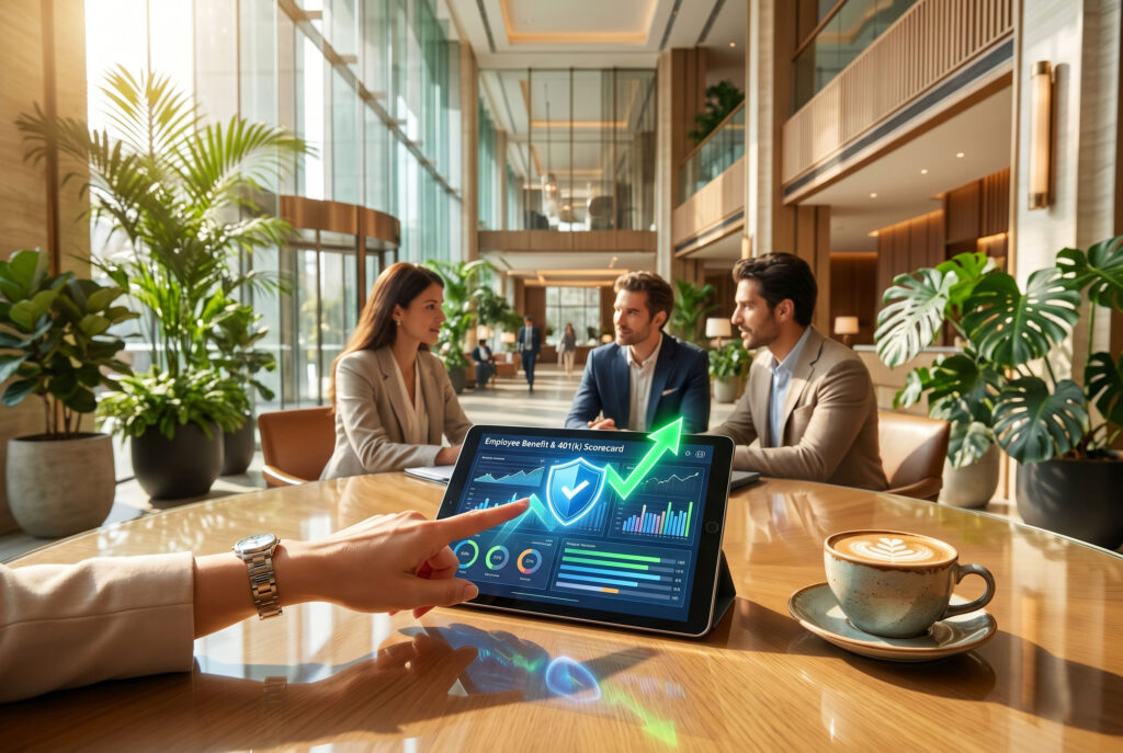 A professional image of a corporate 401(k) benefit design session in a Grapevine, TX hospitality setting, featuring an integrated digital dashboard.
