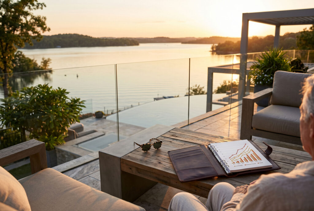A beautiful sunset lifestyle photograph of retirement income planning in Grapevine, TX, featuring a lakefront view and financial roadmap.