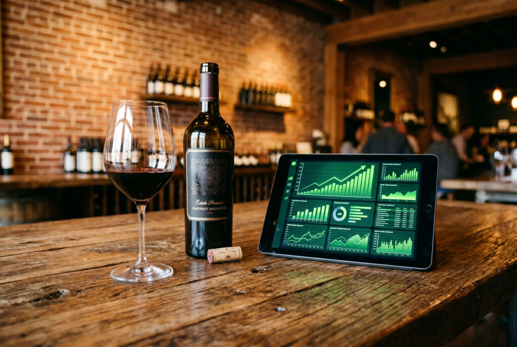 A lifestyle image of a wealth management portfolio on a tablet in a Grapevine, TX tasting room setting, representing local financial planning.