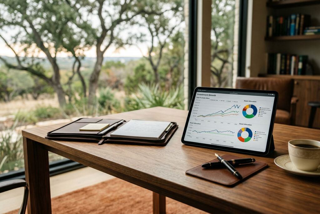 Wealth management strategy session for a Flower Mound, TX professional family with investment dashboard on tablet