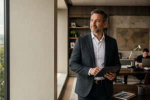 Business owner reviewing plans on a tablet in an office overlooking the city